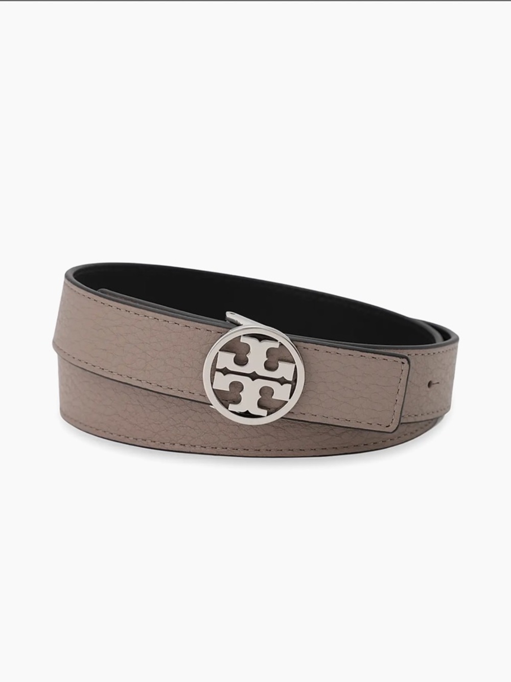 Tory Burch Leather Reversible Belt in Taupe & Navy with Silver Logo Buckle